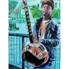 Load image into Gallery viewer, West African kora player musician performing on London&#39;s South Bank mixed media drawing on paper artwork by Stella Tooth
