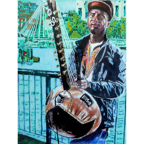 West African kora player musician performing on London's South Bank mixed media drawing on paper artwork by Stella Tooth