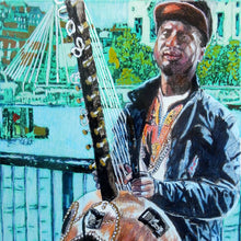 Load image into Gallery viewer, West African kora player musician performing on London&#39;s South Bank mixed media drawing on paper artwork by Stella Tooth detail
