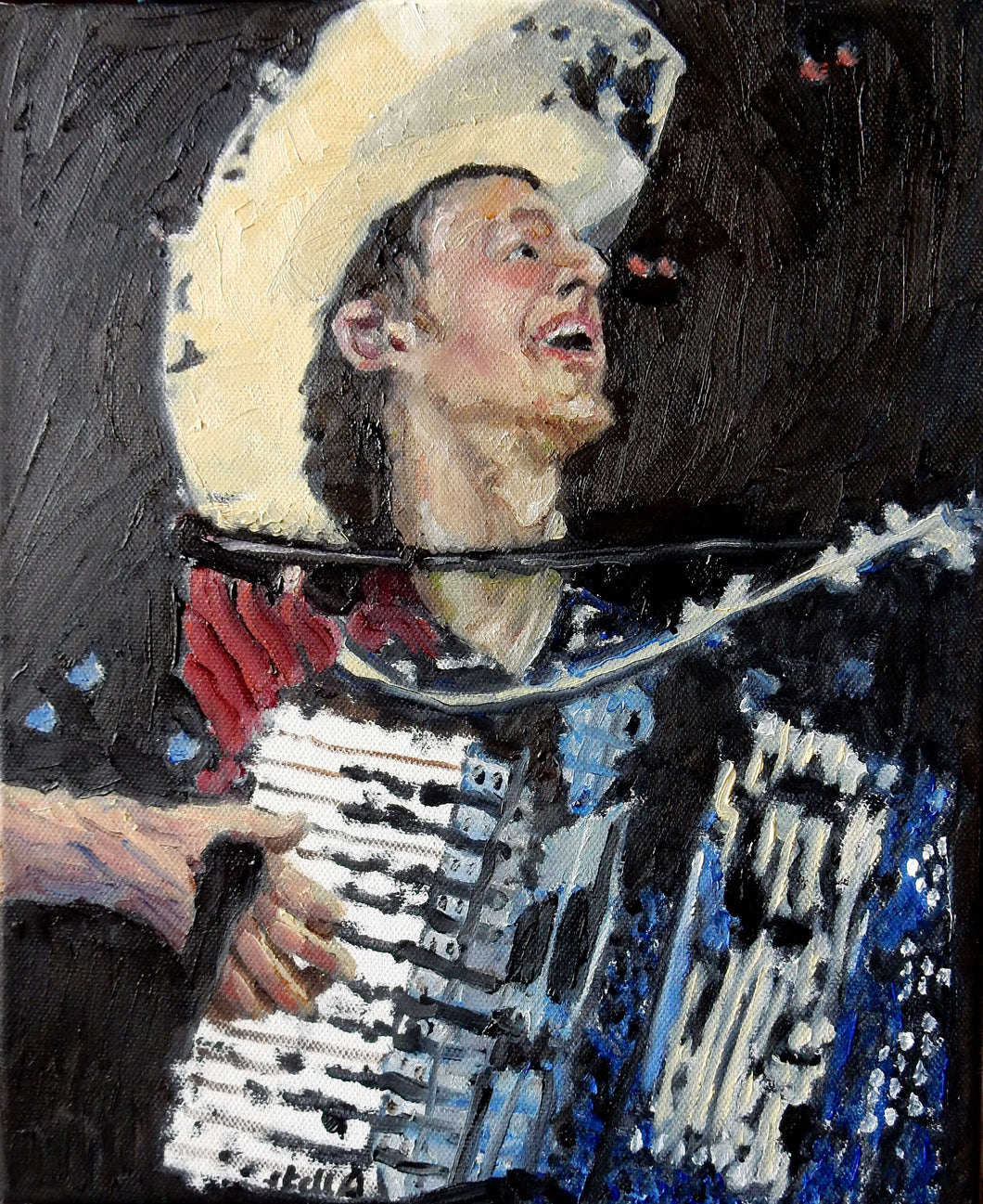 Los Pacaminos accordionist oil on canvas artwork by Stella Tooth