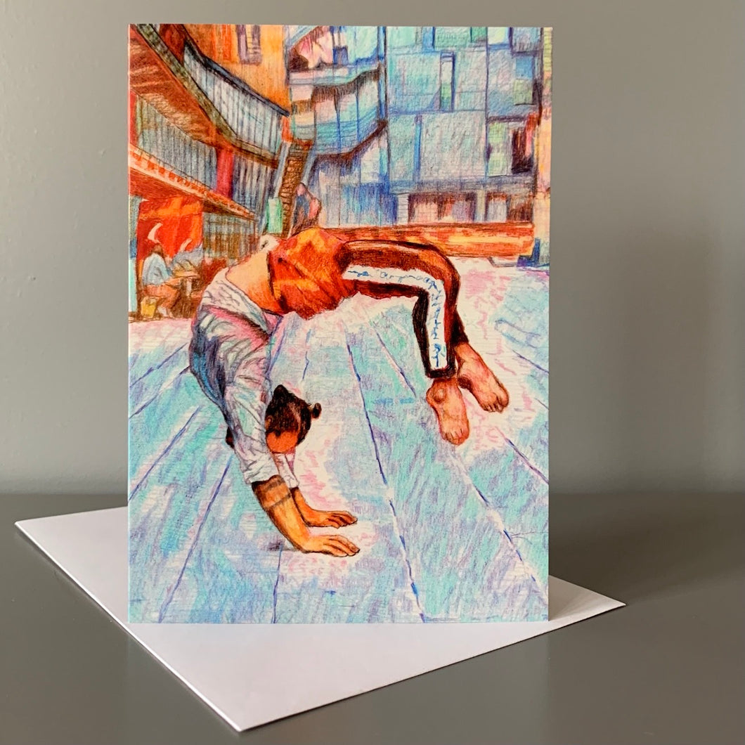 Fine art greetings card of South bank acrobat Manule d'Aquino by performer artist Stella Tooth