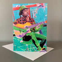 Load image into Gallery viewer, Fine art greetings card of Nathaniel JP Wills flamenco guitarist busker by Stella Tooth music art
