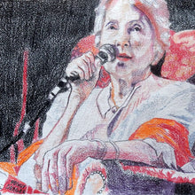 Load image into Gallery viewer, Peggy Seeger musician and singer performing at the Half Moon Putney original drawing on paper artwork by Stella Tooth Detail
