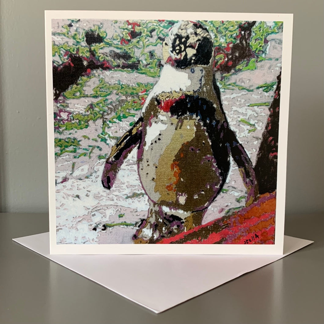 Fine art greetings card of Percy Penguin reproduced from original acrylic on canvas panel artwork by Stella Tooth animal art