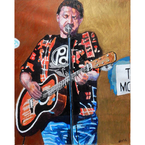 Peter Donegan at the Half Moon Putney Mixed media on paper of musician by London based performer artist Stella Tooth
