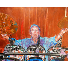 Load image into Gallery viewer, Pink Floyds Nick Mason at the Half Moon Putney mixed media portrait of by London based musician artist Stella Tooth
