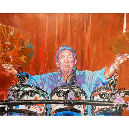 Pink Floyds Nick Mason at the Half Moon Putney mixed media portrait of by London based musician artist Stella Tooth