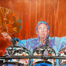 Load image into Gallery viewer, Pink Floyds Nick Mason at the Half Moon Putney mixed media portrait of by London based musician artist Stella Tooth Detail
