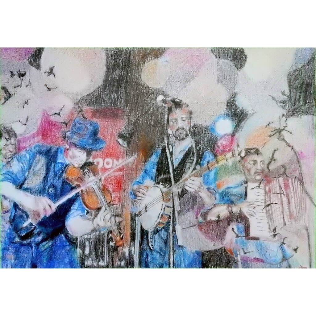 Police Dog Hogan at the Half Moon Putney Mixed media on paper of musician by London based performer artist Stella Tooth