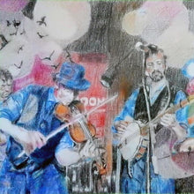 Load image into Gallery viewer, Police Dog Hogan at the Half Moon Putney Mixed media on paper of musician by London based performer artist Stella Tooth Detail

