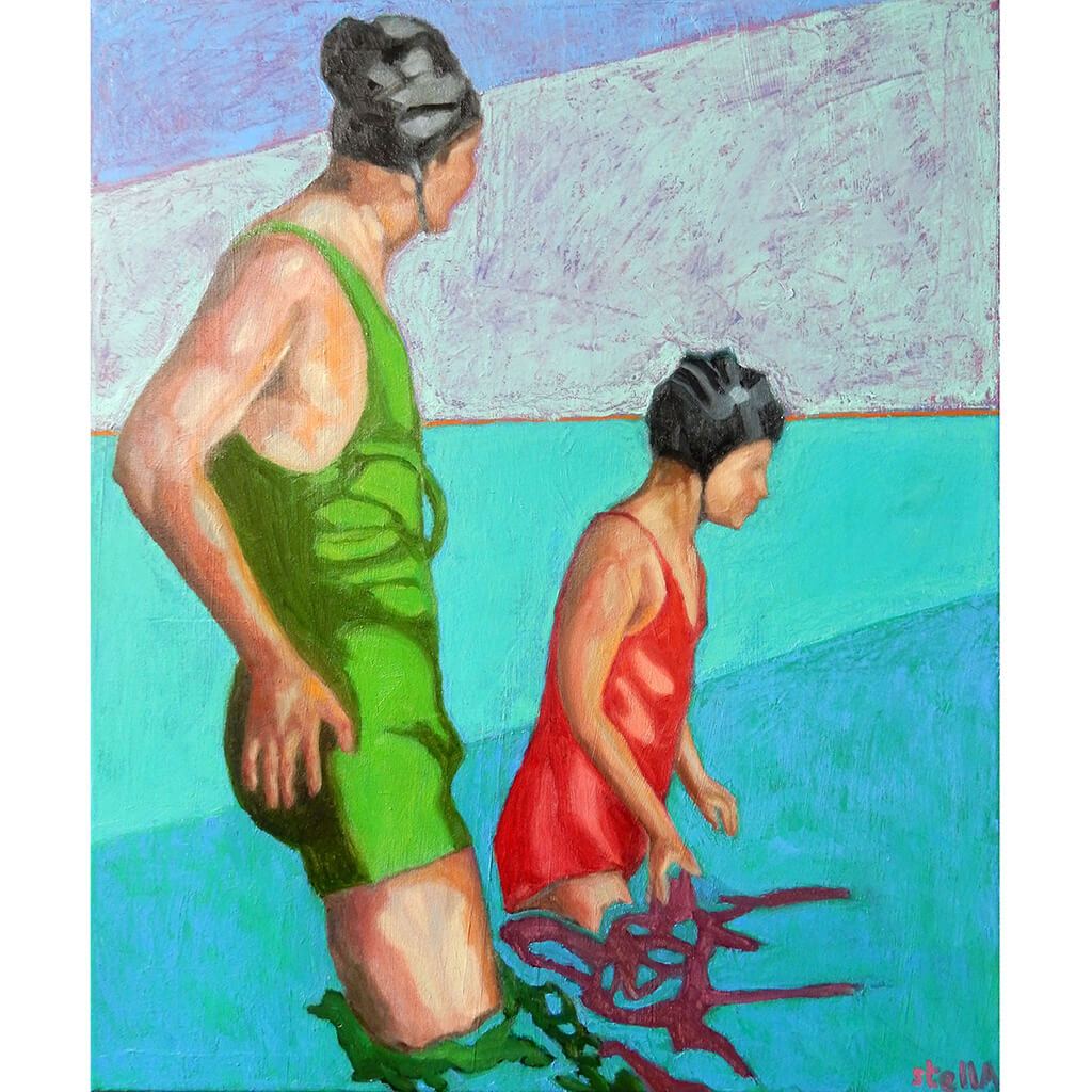 Reflections oil painting on canvas of people swimming in aqua blue by London based portrait artist Stella Tooth