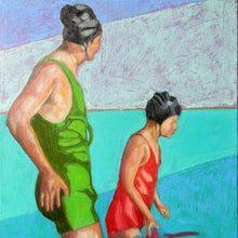 Load image into Gallery viewer, Reflections oil painting on canvas of people swimming in aqua blue by London based portrait artist Stella Tooth
