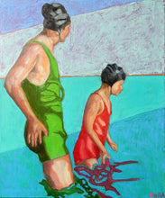 Load image into Gallery viewer, Reflections oil painting on canvas of people swimming in aqua blue by London based portrait artist Stella Tooth Display
