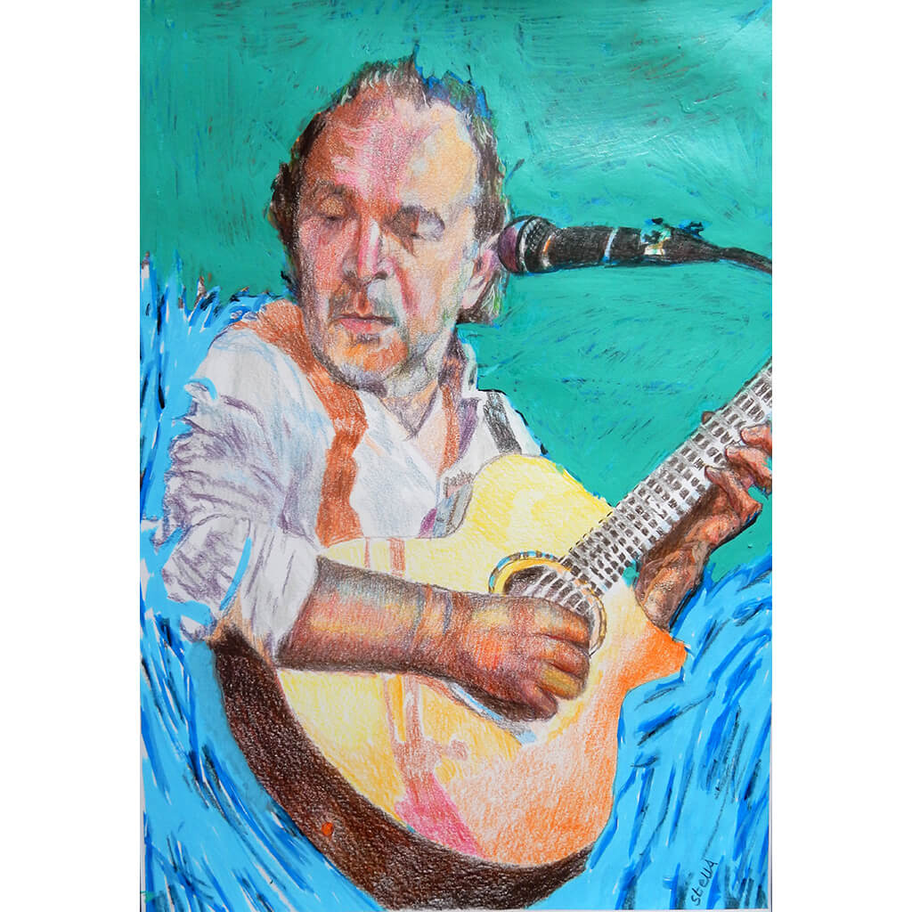 Robert Hokum of The Ealing Club, mixed media on paper artwork by Stella Tooth