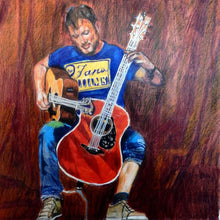 Load image into Gallery viewer, Rodney Branigan at the Half Moon Putney mixed media portrait of guitarist by musician artist Stella Tooth
