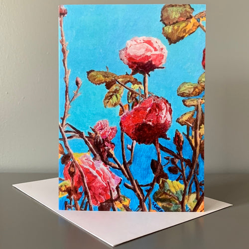 Fine art greetings card of Take time to smell the roses reproduced from oil on canvas artwork by Stella Tooth artist
