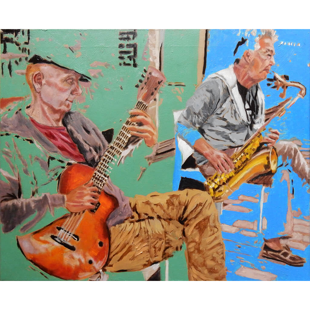 Roy Gee and Matt Wall Brighton buskers oil on canvas by Stella Tooth