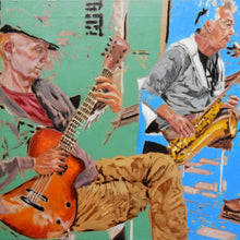 Load image into Gallery viewer, Roy Gee and Matt Wall Brighton buskers oil on canvas by Stella Tooth
