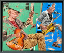 Load image into Gallery viewer, Roy Gee and Matt Wall Brighton buskers oil on canvas by Stella Tooth

