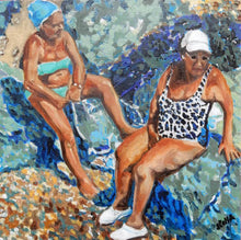 Load image into Gallery viewer, An original oil painting on canvas of friends on a Mediterranean holiday in Italy, painted by London artist Stella Tooth. A work of art in hues of blue and turquoise
