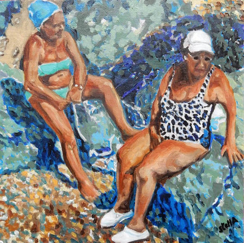 An original oil painting on canvas of friends on a Mediterranean holiday in Italy, painted by London artist Stella Tooth. A work of art in hues of blue and turquoise