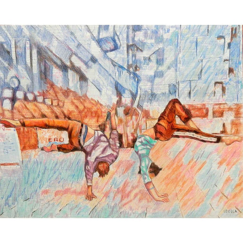 Jonathan Last and Manuele d’Aquino street performer acrobats South Bank London original drawing artwork by Stella Tooth