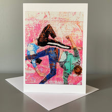 Load image into Gallery viewer, Fine art greetings card Southbank acrobats aerial ballet by Stella Tooth artist
