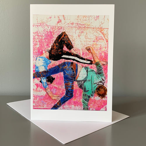 Fine art greetings card Southbank acrobats aerial ballet by Stella Tooth artist