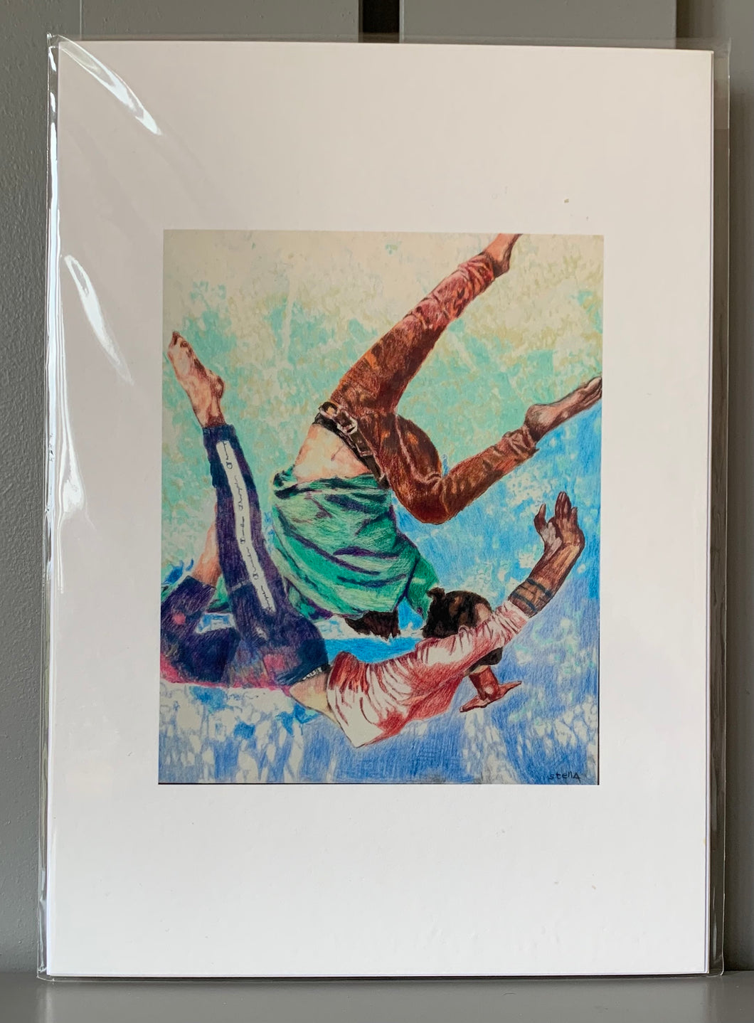 Fine art print reproduction of Southbank acrobats: duet original mixed media artwork by Stella Tooth British figurative artist performer art