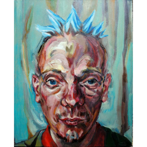 Spikey bed o’ nails performer oil painting on canvas in green and blue by London based portrait artist Stella Tooth