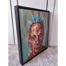Load image into Gallery viewer, Spikey bed o’ nails performer oil painting on canvas in green and blue by London based portrait artist Stella Tooth

