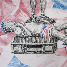 Load image into Gallery viewer, Spikey Union Jack busker performing in Covent Garden in London pencil drawing on paper artwork by Stella Tooth detail
