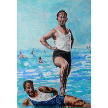 Load image into Gallery viewer, Two male seaside swimmers pencil on paper in aqua blue by London based portrait artist Stella Tooth
