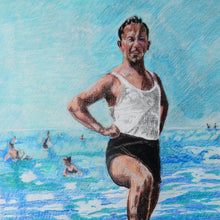 Load image into Gallery viewer, Two male seaside swimmers pencil on paper in aqua blue by London based portrait artist Stella Tooth display
