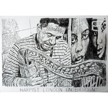 Load image into Gallery viewer, Diego Laverde Rojas mixed media on paper original artwork of a harp player on the London Underground by artist Stella Tooth
