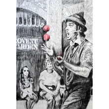 Load image into Gallery viewer, Juggling busker Corey Pickett performing in Covent Garden London pencil drawing on paper by Stella Tooth portrait artist
