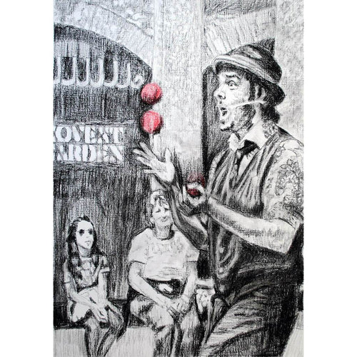 Juggling busker Corey Pickett performing in Covent Garden London pencil drawing on paper by Stella Tooth portrait artist
