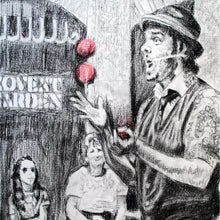 Load image into Gallery viewer, Juggling busker Corey Pickett performing in Covent Garden London pencil drawing on paper by Stella Tooth portrait artist detail

