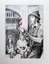 Load image into Gallery viewer, Juggling busker Corey Pickett performing in Covent Garden London pencil drawing on paper by Stella Tooth portrait artist display
