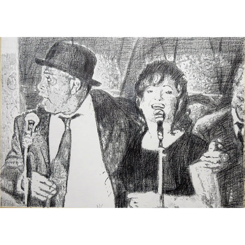 Original monochrome drawing of The Rawhides by London musician artist Stella Tooth Mounted pencil artwork