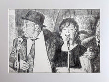 Load image into Gallery viewer, Original monochrome drawing of The Rawhides by London musician artist Stella Tooth mounted pencil artwork display
