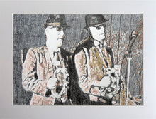 Load image into Gallery viewer, The Rawhides musicians performing at The Hideaway Streatham original pencil drawing on paper artwork by Stella Tooth display
