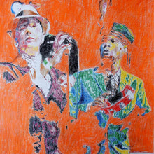 Load image into Gallery viewer, The Selecter 2 tone ska band musicians performing in London original orange mixed media artwork by Stella Tooth artist detail
