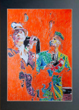 Load image into Gallery viewer, The Selecter 2 tone ska band musicians performing in London original orange mixed media artwork by Stella Tooth artist display
