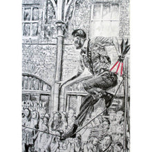Load image into Gallery viewer, A slackliner artist performing in Covent Garden London to onlookers pencil drawing on paper by Stella Tooth portrait artist
