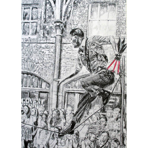 A slackliner artist performing in Covent Garden London to onlookers pencil drawing on paper by Stella Tooth portrait artist