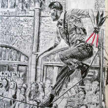 Load image into Gallery viewer, A slackliner artist performing in Covent Garden London to onlookers pencil drawing on paper by Stella Tooth portrait artist detail
