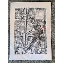 Load image into Gallery viewer, A slackliner artist performing in Covent Garden London to onlookers pencil drawing on paper by Stella Tooth portrait artist in mount
