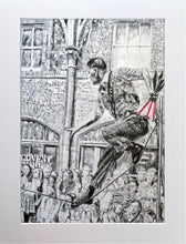 Load image into Gallery viewer, A slackliner artist performing in Covent Garden London to onlookers pencil drawing on paper by Stella Tooth portrait artist display
