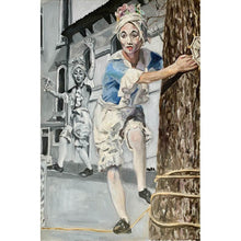 Load image into Gallery viewer, Tightrope walking performer in Venice Italy oil painting on canvas in blue by London based portrait artist Stella Tooth
